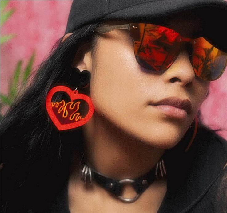 Flame Heart Earrings - Large Heart Accessories